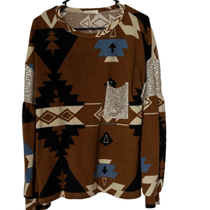 Super soft Geometric Western dressy top with silver sequins